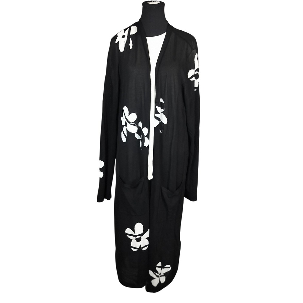 Joseph Ribkoff Floral Intarsia Knit Duster Cardigan Women XXL Black White Pocket